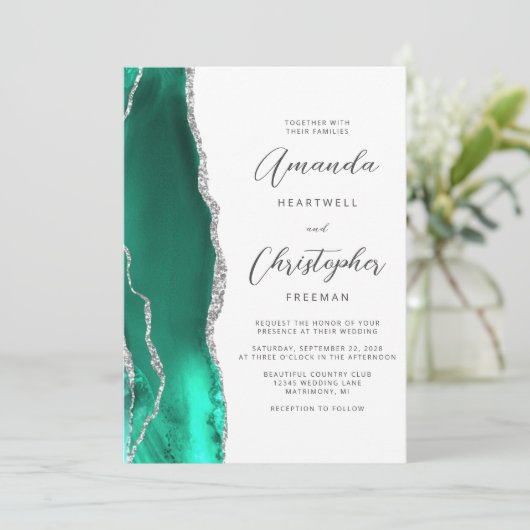 Invitation Seafoam Green Silver Agate QR Code Mariage (Debout devant)