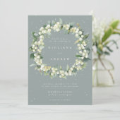 Invitation Seafoam Green Snowberry+Eucalyptus Wreath Mariage (Debout devant)