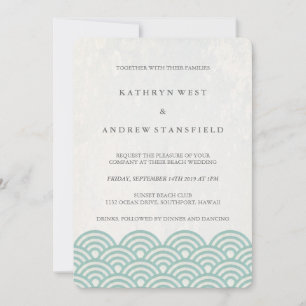 Invitation Seafoam Green+White Styliszed Waves Elégant Mariag