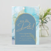 Invitation Seaglass INK Turquoise Aqua Blue Gold Mariage Date (Debout devant)