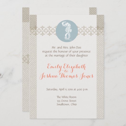 Invitation Seahorse Bleu Classique Nautique Élégant (Devant / Derrière)