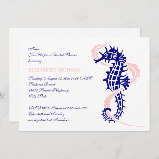 Invitation Seahorse bleu, mariage rose douche nuptiale (Devant / Derrière)
