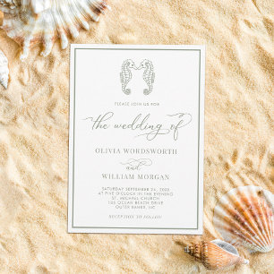 Invitation Seahorse Coastal Beach Script Sage Green Mariage