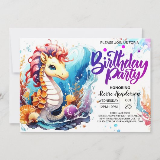 Invitation Seahorse Haven Océanique Anniversaire (Devant)