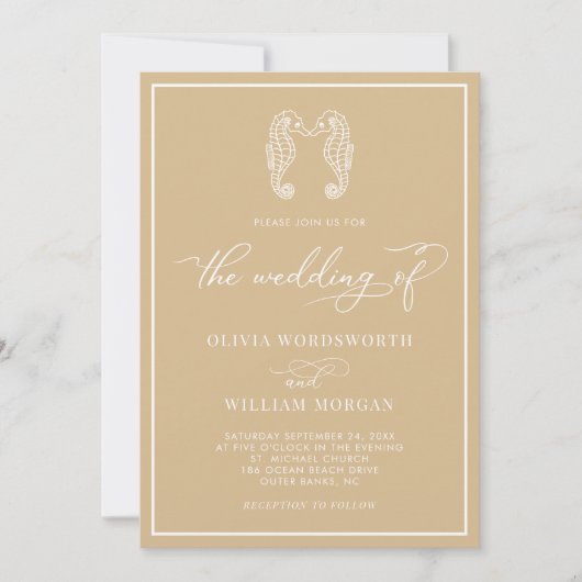 Invitation Seahorse Sable Beige Côte Plage Script Mariage (Devant)