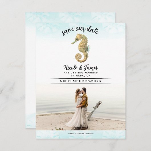 Invitation Seahorse Turquoise & Gold Aquarelle Enregistrer la (Devant / Derrière)