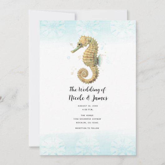 Invitation Seahorse Turquoise & Gold Watercolor Mariage (Devant)
