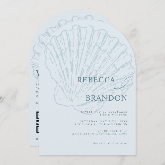 Invitation Seashell Beach Coastal Blue QR Code Arch Wedding (Devant / Derrière)