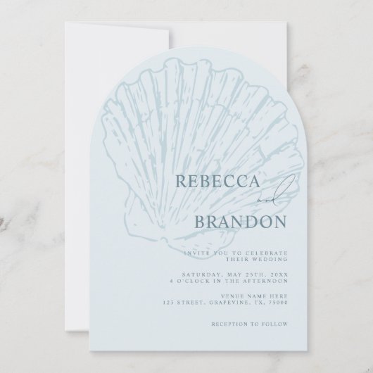 Invitation Seashell Beach Coastal Blue QR Code Arch Wedding (Devant)