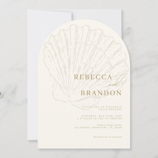 Invitation Seashell Beach Coastal Ivory & Gold Arch Wedding (Devant)