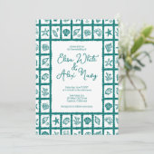 Invitation Seashell Grid Plage Mariage Vert CUSTOM QR Code (Debout devant)