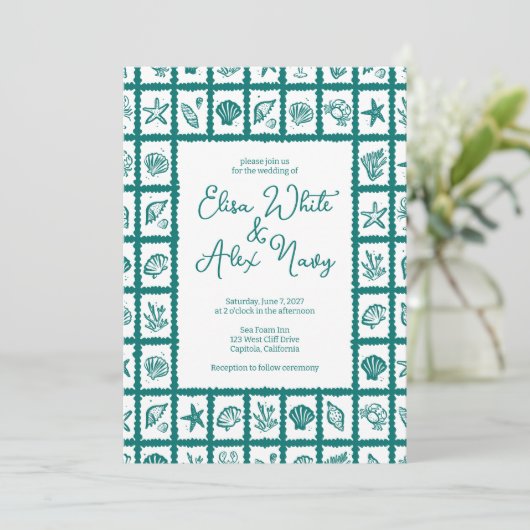 Invitation Seashell Grid Plage Mariage Vert CUSTOM QR Code (Debout devant)