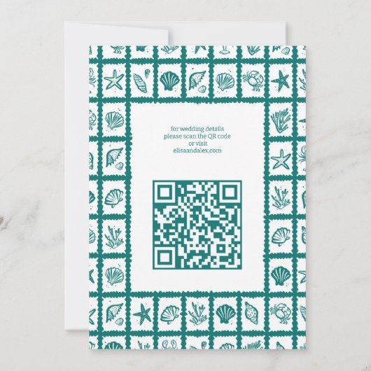 Invitation Seashell Grid Plage Mariage Vert CUSTOM QR Code (Dos)