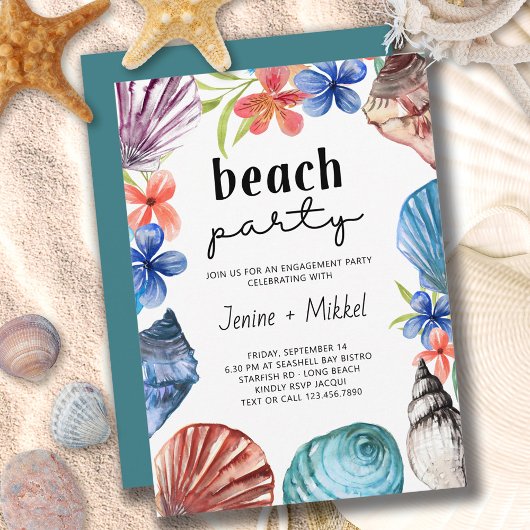 Invitation Seashell Tropical Flower Fiançailles Beach Party