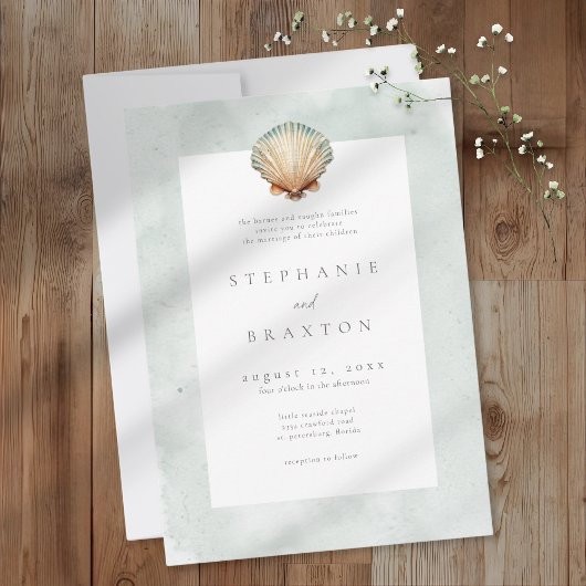 Invitation Seashell Watercolor Minimalist Beach Wedding