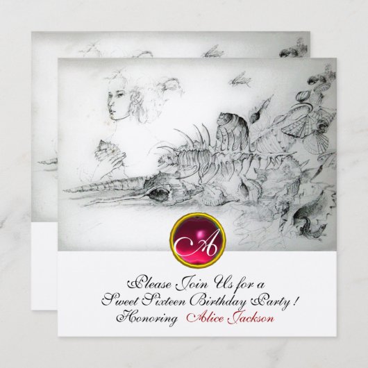 Invitation SEASHELLS SWEET 16 FÊTE, Ruby Monogramme Champagne (Devant / Derrière)