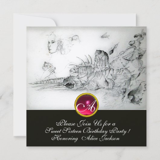 Invitation SEASHELLS SWEET 16 FÊTE, Ruby Monogramme Noir Blan (Devant)