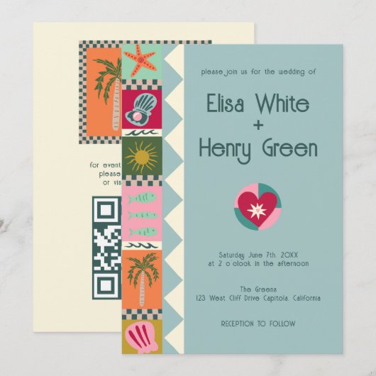 Invitation Seaside Soiree Modern Cute CUSTOM QR Mariage (Devant / Derrière)