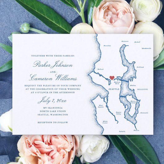 Invitation Seattle Lake Washington Map Elegant Navy Wedding