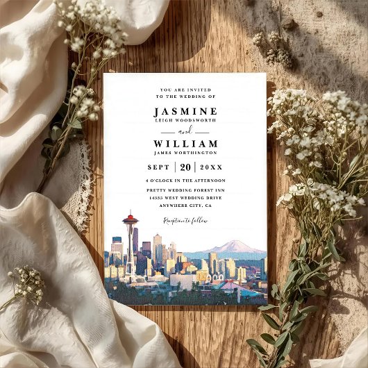 Invitation SEATTLE Skyline Destination Modern QR Code Wedding