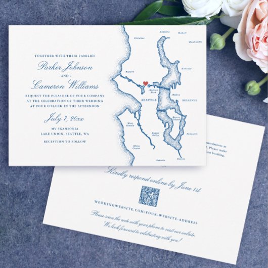 Invitation Seattle Tout-en-un Code QR RSVP Mariage Bleu