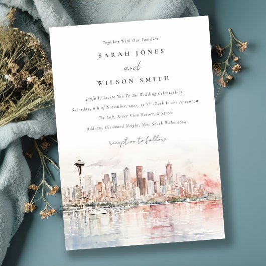 Invitation Seattle, Washington Watercolor Landscape Wedding