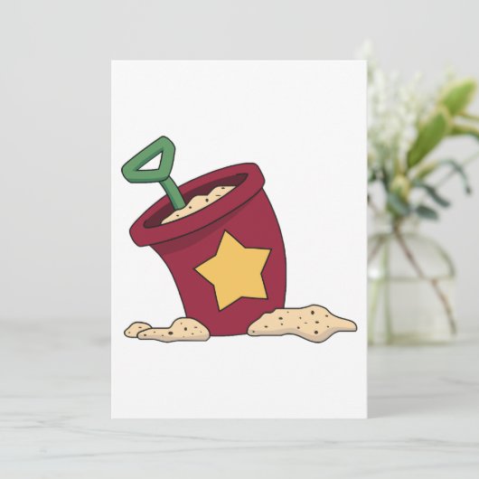 Invitation Seau de sable rouge avec étoile et pelle (Debout devant)