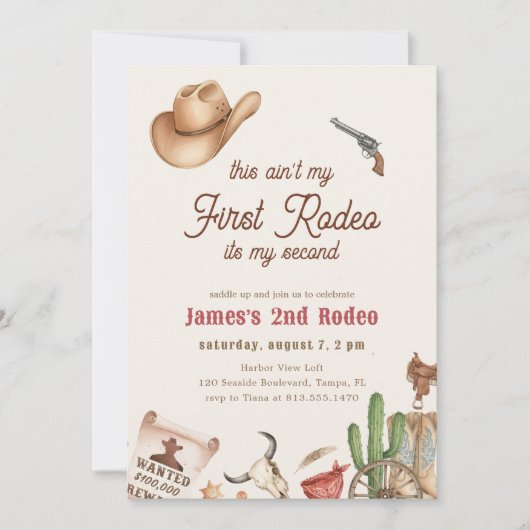 Invitation Second Rodeo Vintage Rustic Cowboy 2nd Birthday (Devant)
