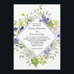 Invitation Secret Garden Rustic Boho Fleur sauvage Mariage<br><div class="desc">Faire-part de mariage de style boho rustique, ce design présente des fleurs sauvages dans des tons mélangés d'aquarelle violet, bleu, jaune et blanc avec des accents de verdure comme de la vigne. Les fleurs entourent un cadre carré en diagonale avec quelques pétales qui débordent sur le cadre sans souci. L'envers...</div>