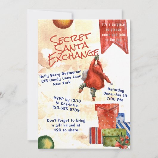 Invitation Secret Père Noël Christmas Party Moderne Aquarelle (Devant)