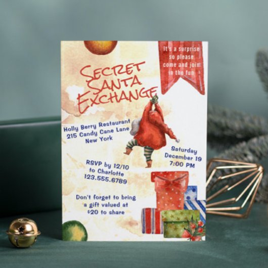 Invitation Secret Père Noël Christmas Party Moderne Aquarelle