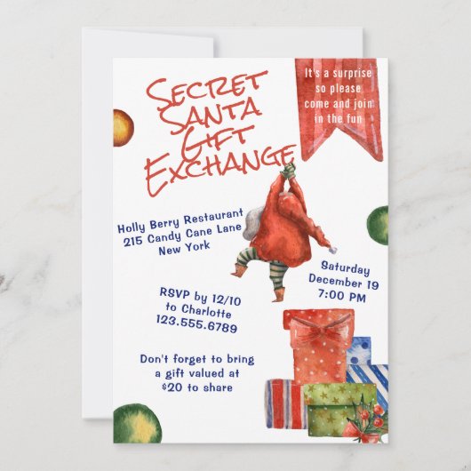 Invitation Secret Père Noël Christmas Party Moderne Aquarelle (Devant)