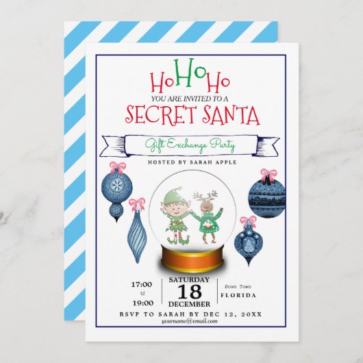 Invitation secret Père Noël noël bleu échange cadeau invitati (Devant / Derrière)