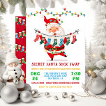 Invitation Secret Père Noël Sock Swap Exchange Party<br><div class="desc">Venez fêter Noël avec ce Père Noël amusant tenant une ligne de vêtements de chaussettes de Noël. Dispose d'un père Noël mignon enveloppé de lumières de Noël et beaucoup de chaussettes ! Parfait pour votre échange de chaussettes père Noël secret. Tout libellé peut être modifié. Pour apporter d'autres modifications, accédez...</div>