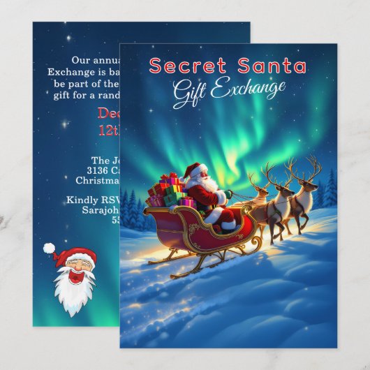 Invitation Secret Santa Sleigh & Northern Lights 5x7 Party (Devant / Derrière)