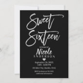 Invitation SEIZE ANS 16 Argent Gris Feuille et Moderne Noir (Devant)