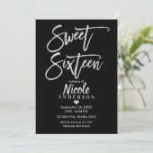 Invitation SEIZE ANS 16 Argent Gris Feuille et Moderne Noir (Debout devant)