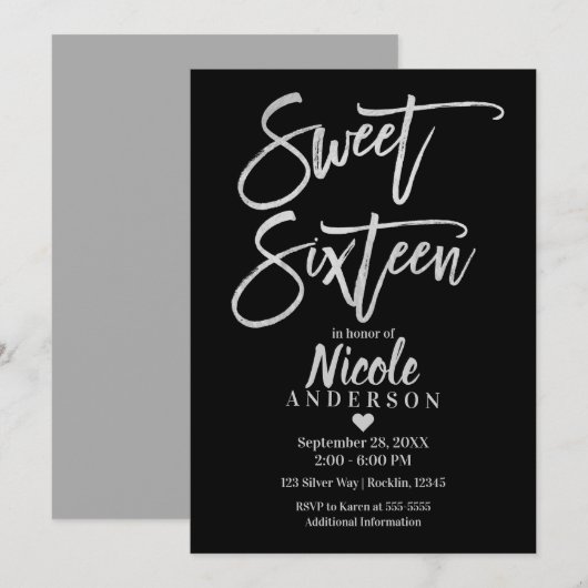 Invitation SEIZE ANS 16 Argent Gris Feuille et Moderne Noir (Devant / Derrière)