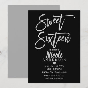 Invitation SEIZE ANS 16 Argent Gris Feuille et Moderne Noir