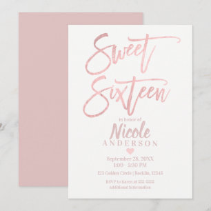 Invitation SEIZE ANS 16 Élégant Rose Or Feuille Moderne