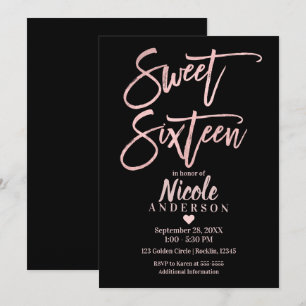 Invitation SEIZE ANS 16 Moderne Rose Gold Feuille et Noir
