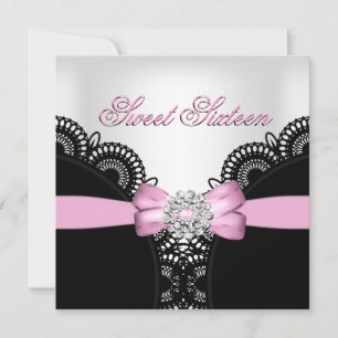 Invitation Seize Ans 16 Rose Noir Blanc Dentelle Diamant Haut