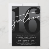 Invitation Seize ans, Anniversaire des 16 ans Noir (Devant)