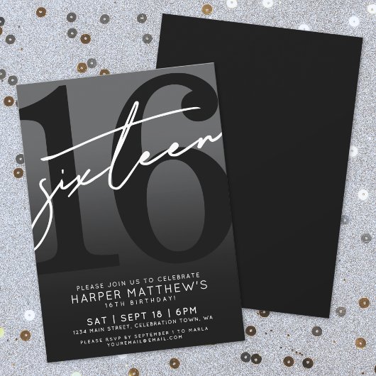 Invitation Seize ans, Anniversaire des 16 ans Noir