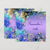 Invitation "Seize ans doux" rose joyau bleu élégant (Devant / Derrière)