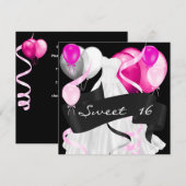 Invitation Seize Ans Noir Rose Blanc Robes Ballons (Devant / Derrière)