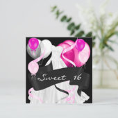 Invitation Seize Ans Noir Rose Blanc Robes Ballons (Debout devant)