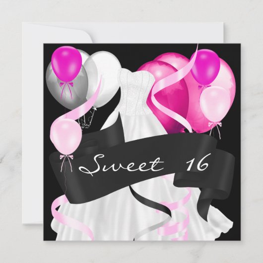 Invitation Seize Ans Noir Rose Blanc Robes Ballons (Devant)