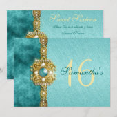 Invitation "seize ans" sarcelle or 16ème anniversaire (Devant / Derrière)