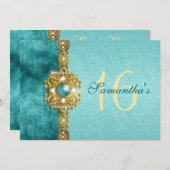 Invitation "seize ans sucrés" sarcelle or 16e anniversaire (Devant / Derrière)